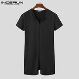 Khalesexx MenU Men Pajamas Rompers Solid V Neck Zipper Fitness Short Sleeve Cozy Homewear Playsuits Leisure Men Jumpsuit Sleepwear INCERUN 8