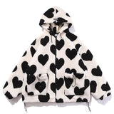 Aolamegs Cute Heart-shaped Print Lambswool Winter Jacket Men Drawstring Pockets Zipper Hooded High Street Warm Couple Streetwear