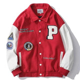 Men's Varsity Uniform Baseball Jacket PU Leather Sleeve Single Breasted Appliques Bomber Jacket Embroidery Patches Casual Coat