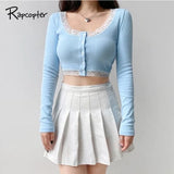 Rapcopter Lace Patchwork Crop Top Feminino Camisetas Malha Slim Tee Tops Button Cardigã Azul Bonito Tshirt Outono Tops de Manga Longa