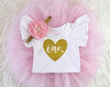 Pornhint 1st Birthday Tutu Outfit Baby Girl, Pink and Gold Glitter One Tutu Outfit, Cake Smash Onesie¨ Bodysuit Headband Photo Prop Long Sleeve