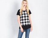 Black and white plaid bamboo tunic top with black sleeves and high low hem/ Arlette top