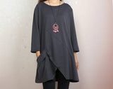 Pornhint Boho tunic tops, 3/4 sleeve cotton tunic top, casual loose t-shirt, women's dark blue long tops(Y2008)