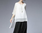 Pornhint Chiffon and cotton top/ half sleeve top/asymmetrical t-shirt/crewneck dress/long top/white summer t-shirt Q055