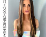 Straight Brown 26 inch Synthetic Lace Front Wig with Blonde Highlights - Kat