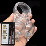 Male E-Stim Shock Chastity Cage Time Delay Ball Stretcher Pouch Enhancer Sleeve