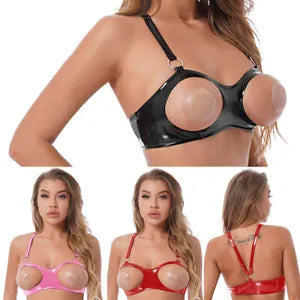 Women Sexy Wetlook Latex Bra Nipple Soft Open Bust Cupless