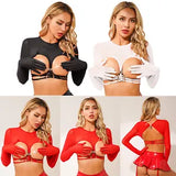 Womens Sheer Arm Sleeve Shrug Cupless See-through Long Sleeve Gloves Crop Top