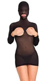 Cupless Mini Dress Hooded Long Sleeve Open Bust Mouth Peek A Boo Black B102