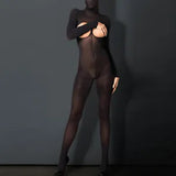 Womens Jumpsuit Long Sleeve Bodysuit Crotchless Lingerie Cupless Unitard Sheer