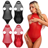 Sleeveless Women Cupless Bodysuit Backless Cut Out Bodysuit See-Through Halter