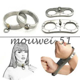 Lockable Steel Bondage Neck Collar Cangue Handcuffs Wrist Cuffs Yoke Pillory New