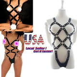 Sexy PU Leather Straps Body Harness Women Costume Cupless Chest Lingerie Bikini