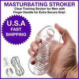 Silicone Pocket Training Stroker Ribbed Male Masturbator Sleeve w/ Finger Handle