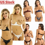 Women's Lace Sheer Mesh Lingerie Cupless Underwire Bra Tops T-back Underwear