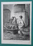 JESTER in Pillory Girl Feeding Him Meal by Kaulbach - 1886 Antique Print