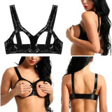 Women Lady Cupless Shelf Bra Faux Leather-Open Cup Sexy-Lingerie Exposed Nipples