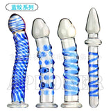 Blue Striped Female Masturbator Realistic Penis Glass Dildos Butt Plug Sex Toy