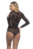 Eyelash v-Plunge Teddy With Lace Sleeves and Microfiber - Extra Large - Black